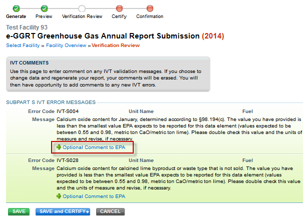 Click the Optional Comments to EPA link